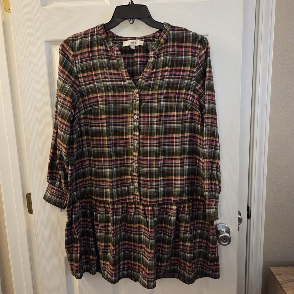 Loft sz L petite green plaid dress longβ slv lightweight flannel casual classic